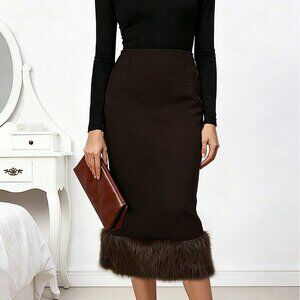 Brown Elegant Women's Patchwork Fringe Hem Waist Skirt